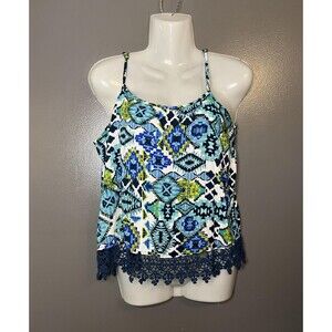 CaliforniaGrown Tank Top Womens Large Ikat Boho Crochet Hem Rayon Cami Festival